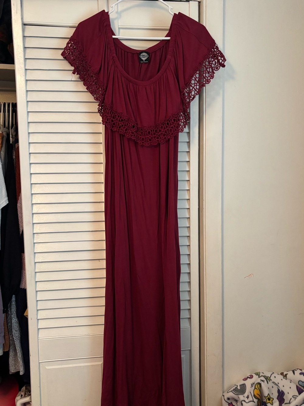 Crochet-Trim Burgundy Maxi Dress